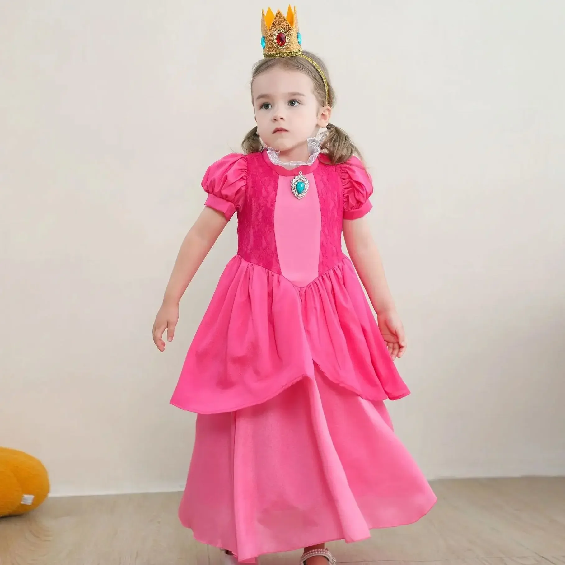 Abito da principessa rosa - Abito cosplay anime con guanti e tiara per spettacoli teatrali (inspirato ai giochi classici)