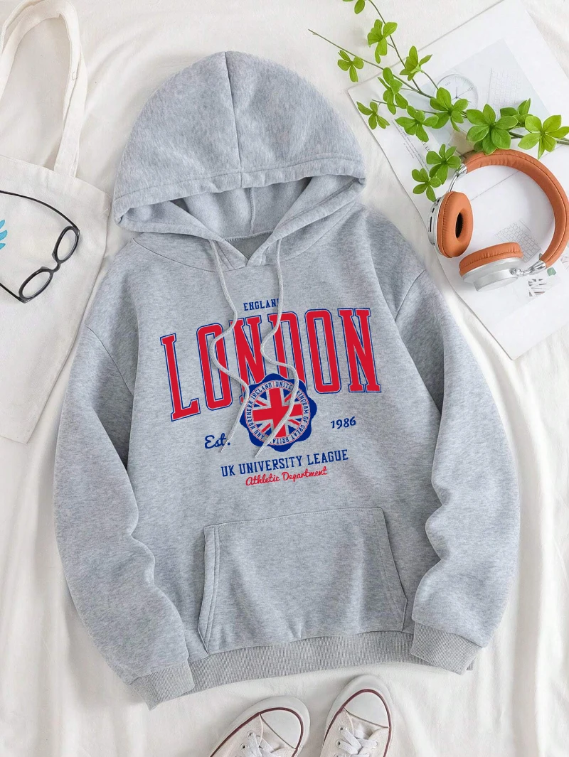 England London Hoodie Women Uk University League Printed Sweatshirt Fleece Warm Pocket Loose Streetwear Street Woman Clothes