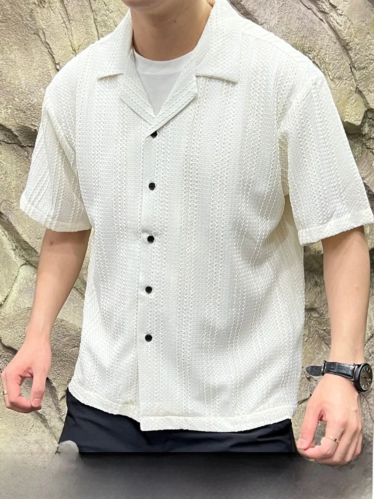 

Cuban Collar ort Sve Ice Silk Knitted Texture Men's irt Breathable Lightweight Summer Faion Stand Fit