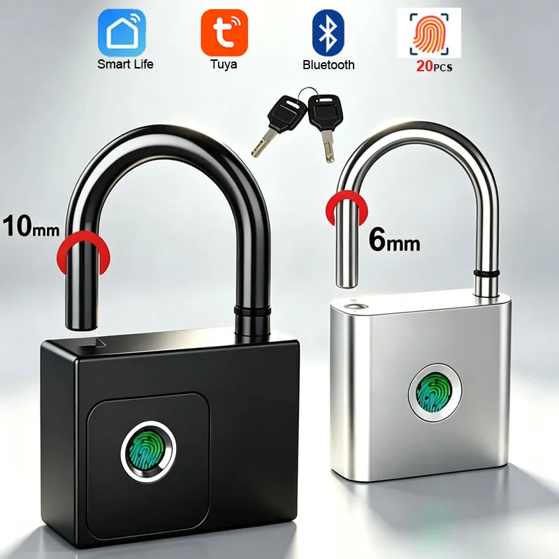 Tuya Fingerprint Padlock Bluetooth Smart Home Door Lock 20 Groups Fingerprint Safe Backup Key USB Charging For Home House Garage