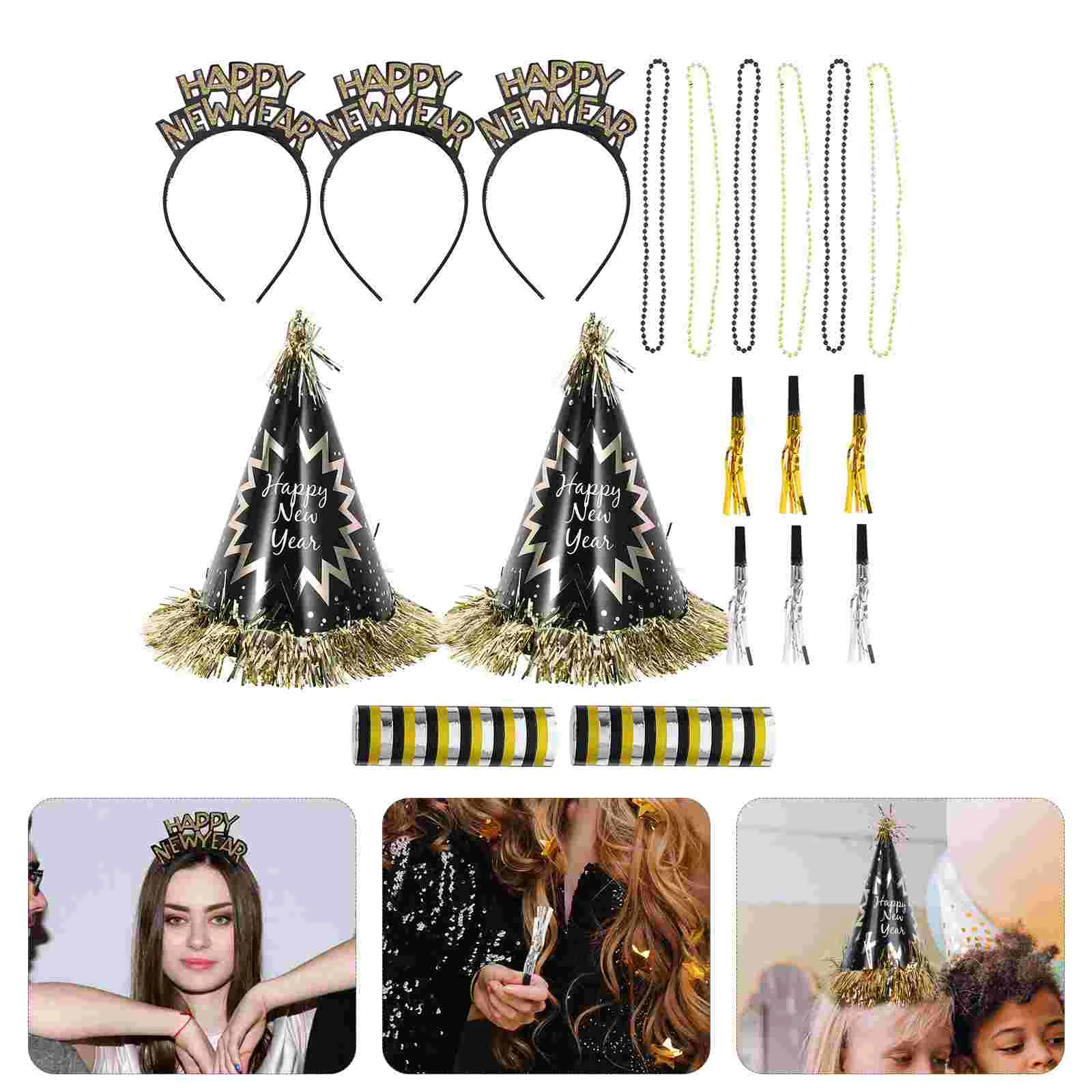 

1 Bag New Year's Eve Party Supplies 2024 Happy New Year Hair Hoop Cone Hats Bead Necklaces