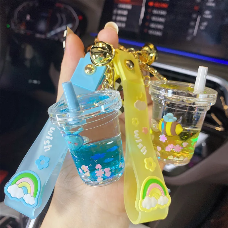 Creative Into Oil Bee Milk Tea Cup Floating Bottle Keychain Cute Moving Quicksand Sakura Sequin Liquid Keyring Drift Bag Pendant