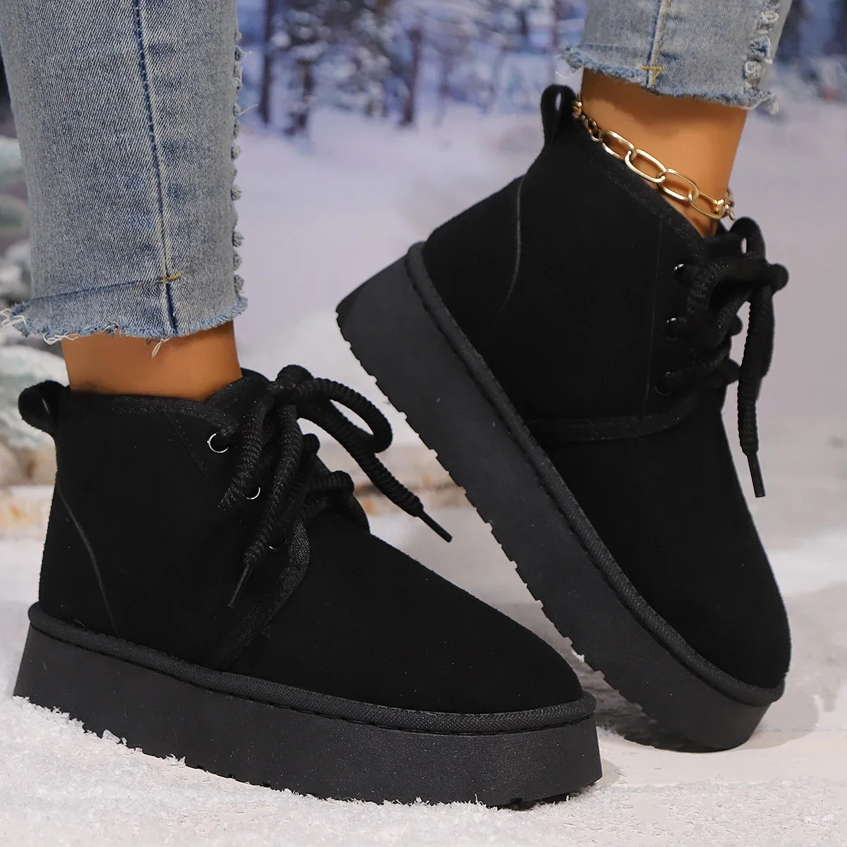 Women Boots Winter Short Plush Warm Lace Up Snow Boots Women Fashion Casual Flat and Platform Shoes for Women Botas De Mujer