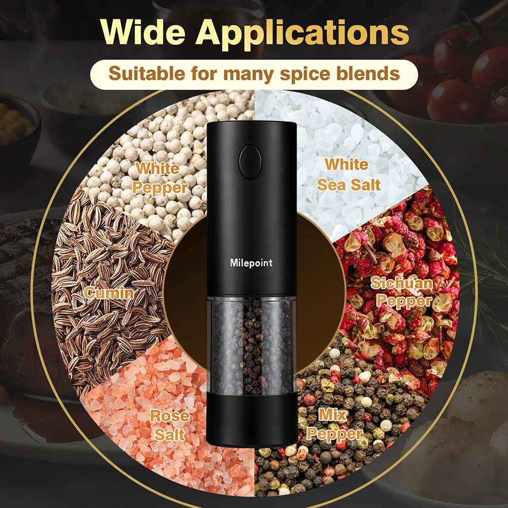 NEW Milepoint Electric Salt and Pepper Grinder Set Seasonings Spice Mill LED Light 5-Mode Rechargeable 2pcs Kitchen Cooking Tool