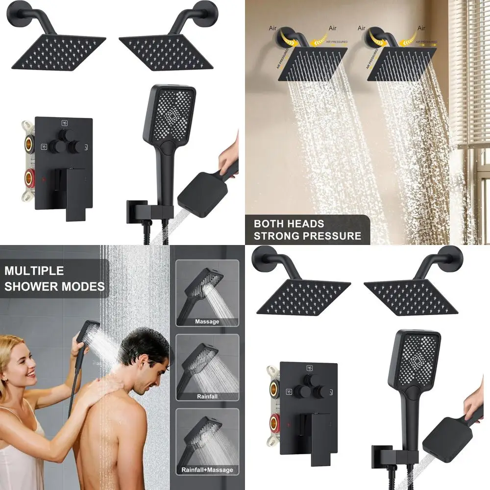 

6-Inch Dual OverRain Shower System with 3-Function Handheld and Power Jet | Complete Matte Black Set with Diverter