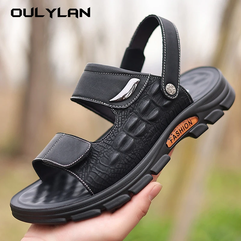 Oulylan Summer Men's Brand Soft and Breathable Men's Sandals Black Leather Sandals Men's Outdoor Brown Beach Sandals