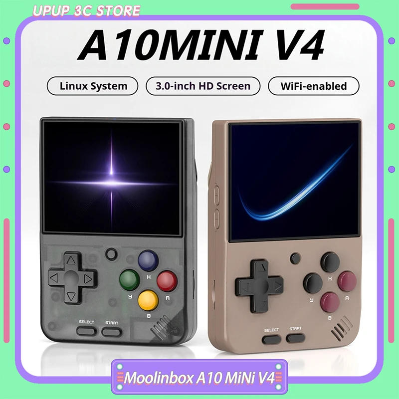 جهاز ألعاب محمول مولينبوكس A10 ميني V4 بنظام لينكس، شاشة IPS 3.0 بوصة بدقة 720 * 540، مشغل ألعاب فيديو محمول للهدايا