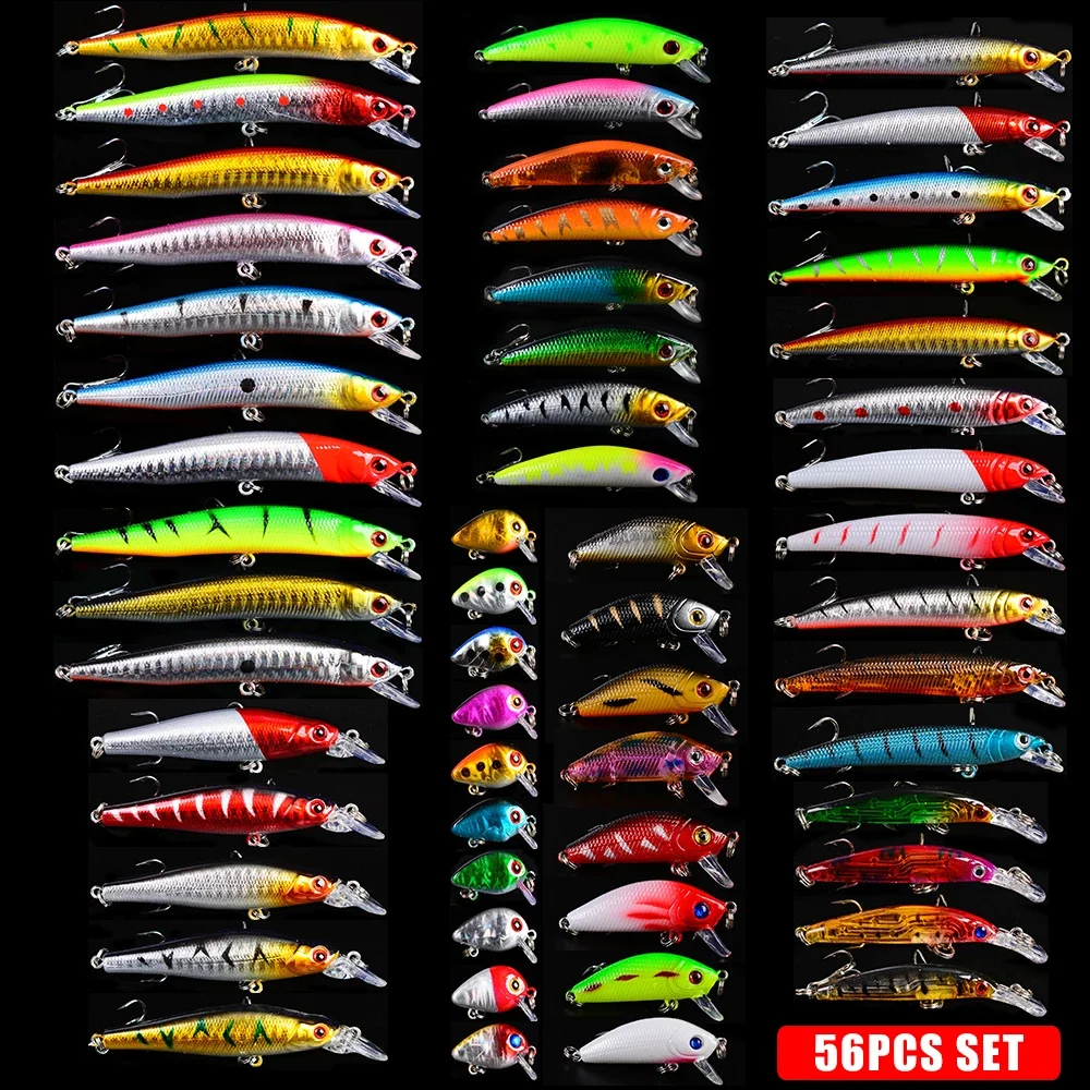 PROBEROS-Sea Bass Floating Lure Bait Set, Plastic Bionic Bait, Soft and Hard Bait, Mixed Fishing Gear, Wholesale, 56 Pcs