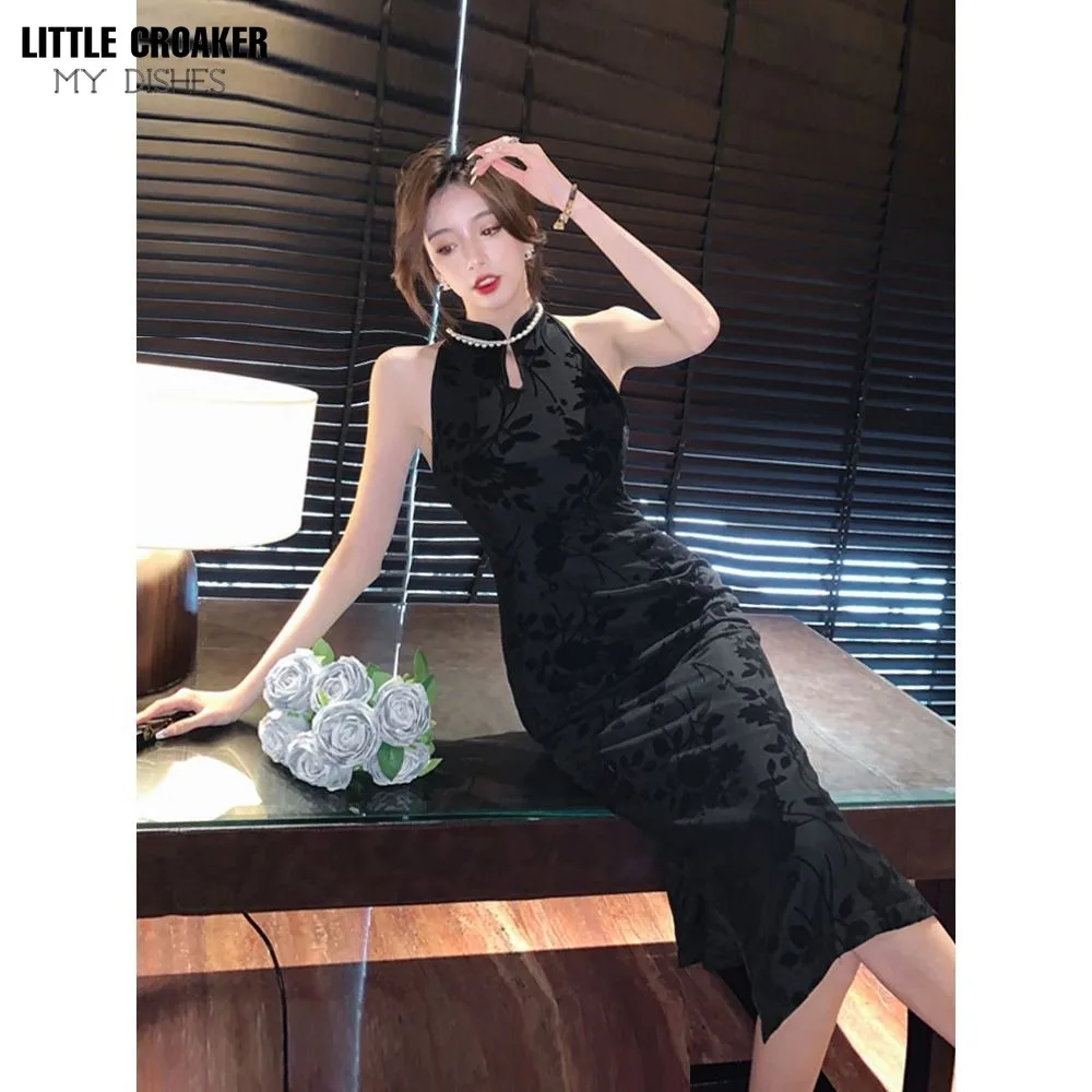 Hepburn Flocking Senior Cheongsam Elegant Summer Long Chinese Slim Sleeveless Little Black Dress Huge Thin Light Mature Dress