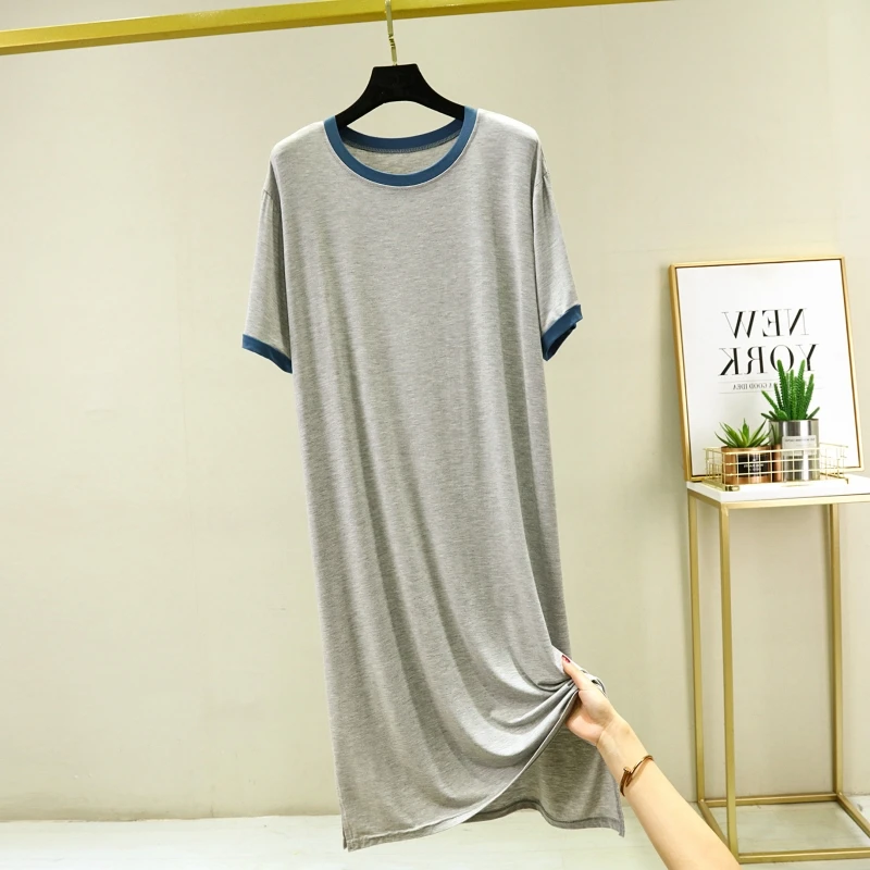 Ladies' Modal Short Sleeve Dress Summer Thin Loose A-Line Long Home Dress Simple Pure Color Sleepwear Comfortable Soft Fabric