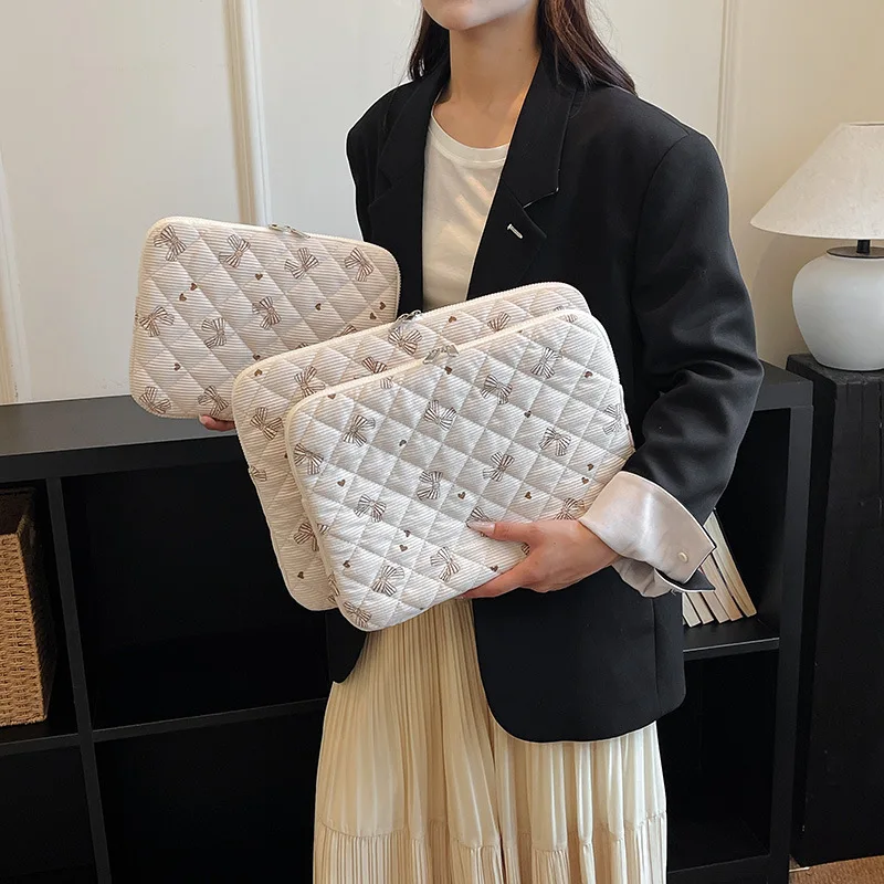 Cute Bow Corduroy Laptop Sleeve 11 13 14 15 15.6 16 Inch for Macbook Dell Samsung Notebook Tablet Pouch Protective Carrying Case