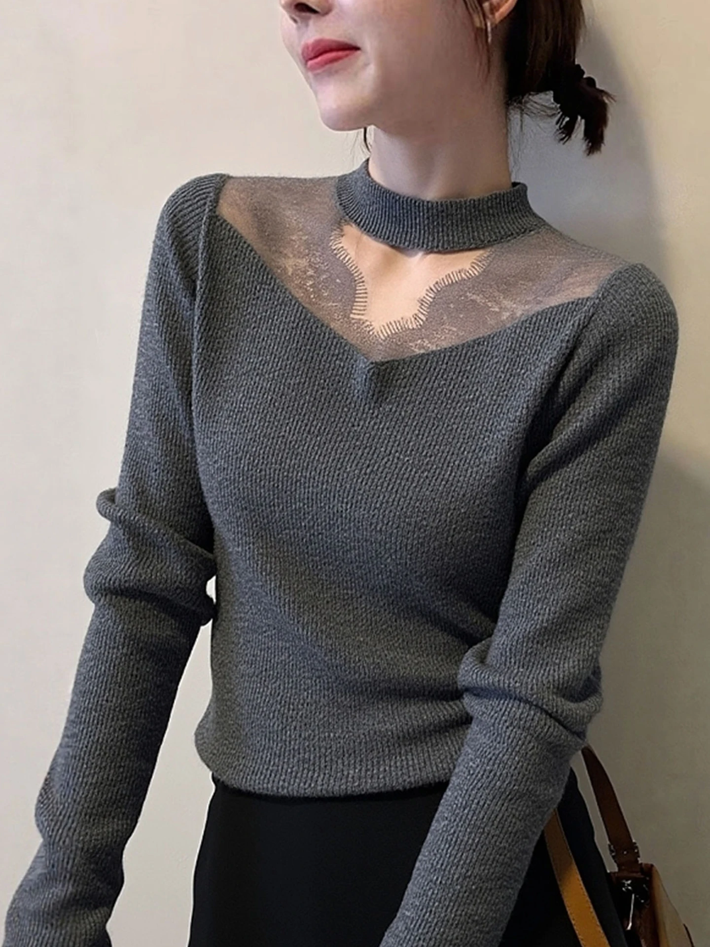Ele Lace Splice Camere Knitted Long Sve Slim Fit Women's Top Faionable Commute Sle Winter New Arrival