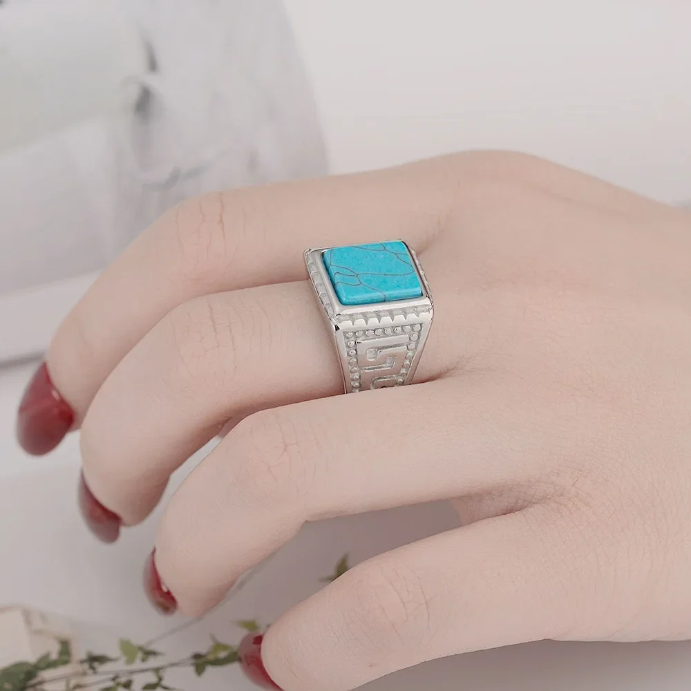خاتم ريترو ستايل للرجال من التيتانيوم الصلب مع أحجار كريمة فيروزية إكسسوارات مجوهرات عصرية للزوجين معبدة صغيرة