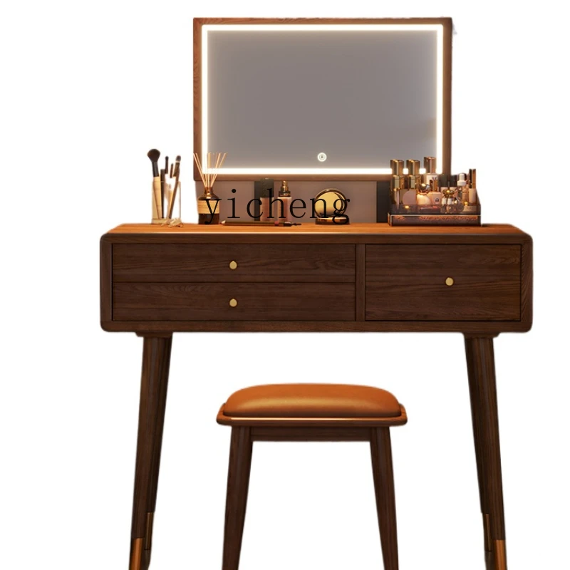 Solid Wood Makeup Table Ash Bedroom Walnut Color with Mirror Walnut Dressing Table