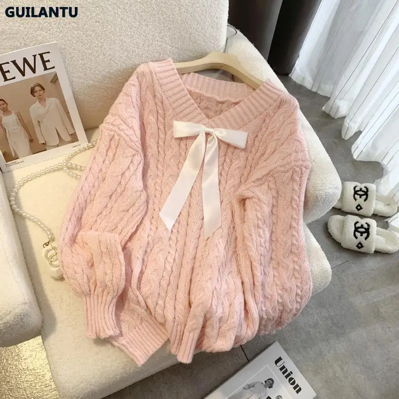 Autumn Winter Jumper Women Loose V-neck Bow Long Sleeve Sweater Pullover Womens Clothes Sweet Warm Pink Knitted Female Top 2023