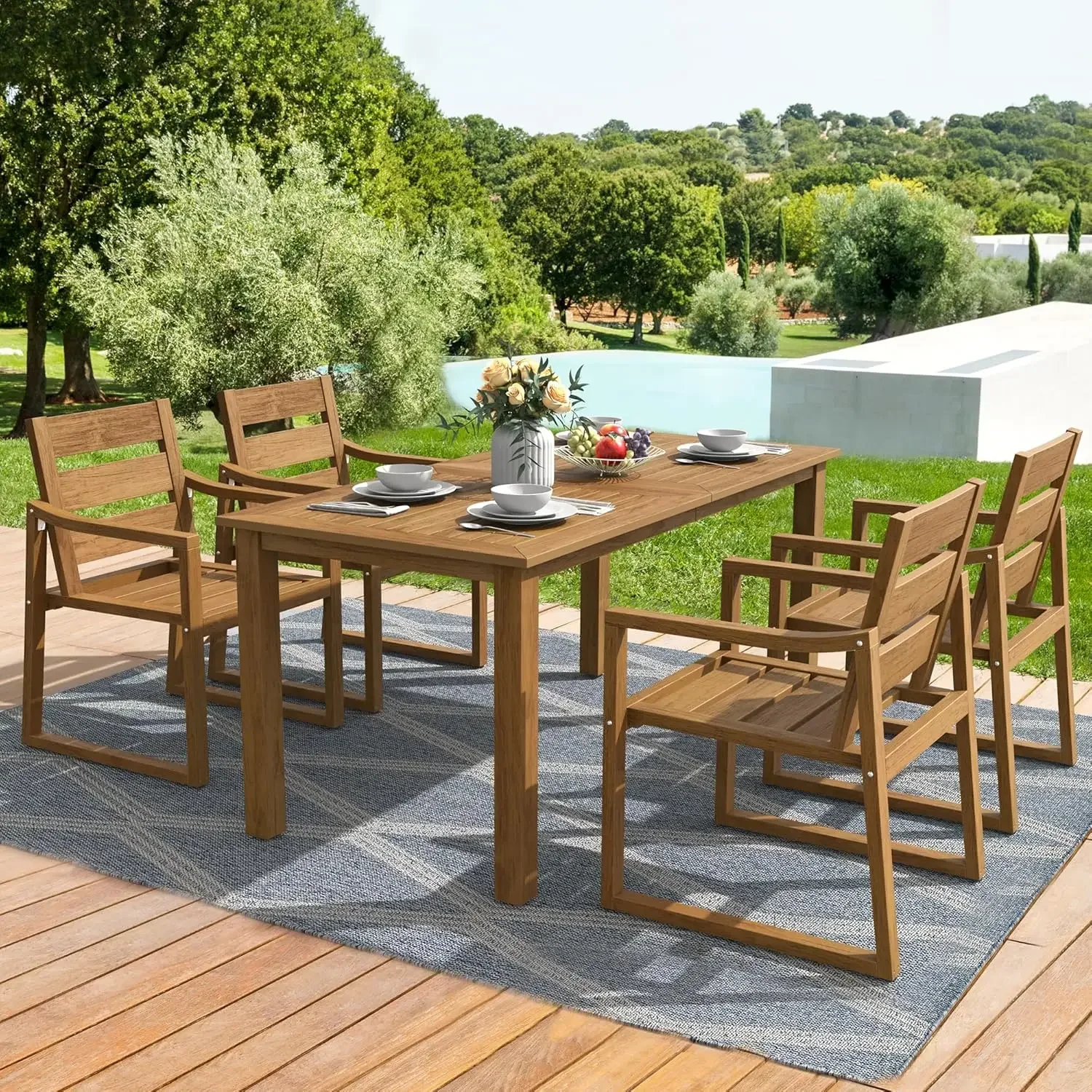 Patio Furniture Dining Set, 7-Piece, HDPS, Teak Color-Oil Printed, All Weather Outdoor Table and Chairs