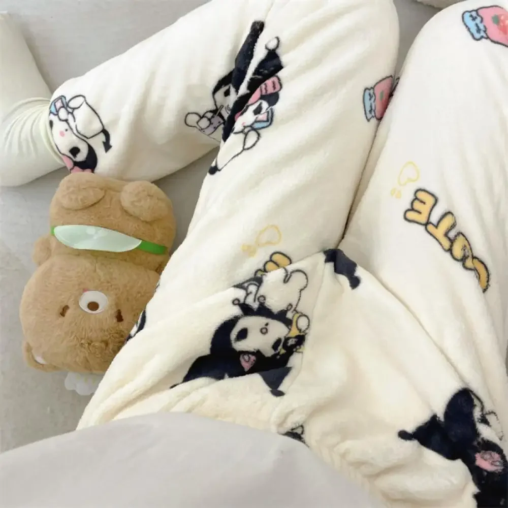 Sanrioed Cartoon Hangyodon Women Plush pajama pants Anime Kawaii Cinnamoroll Kuromi Coral Fleece Thicken Warm Girls Pants