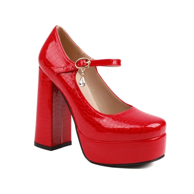 

Женские туфли Мэри Джейн из лакированной кожи с квадратным носком на массивном высоком каблуке, праздничное платье с пряжкой и ремешком, вечерние свадебные туфли на платформе для невесты 985-8
