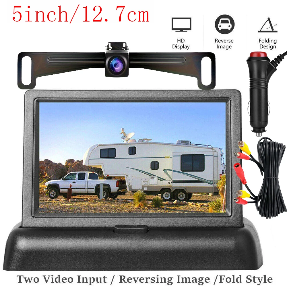 

Foldable Car Monitor 5 Inch TFT LCD Screen HD Parking Monitor 2-channel Video Input Night Vision with Backup Camera