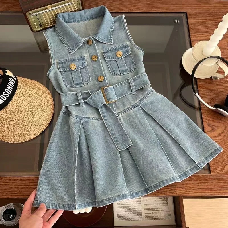 Summer Solid Kid Girls Sleeeveless Denim Dress Toddler Baby Kids Girl Princess Sundress Party Clothes New Young Girl Denim Dress