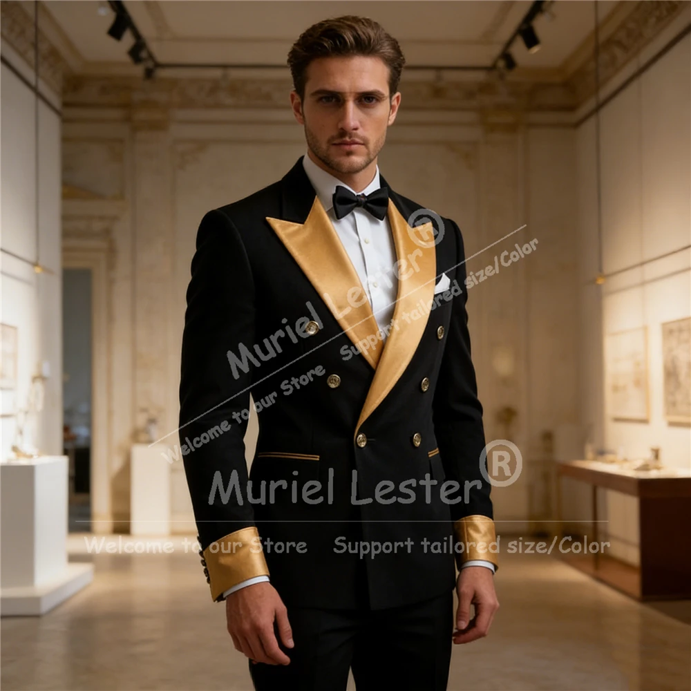 

Elegant Men's Suit 2 Piece Sets Gold Satin Label Prom Blazers Customized Double Breasted Groom Wedding Tuxedos Costumes Hommes