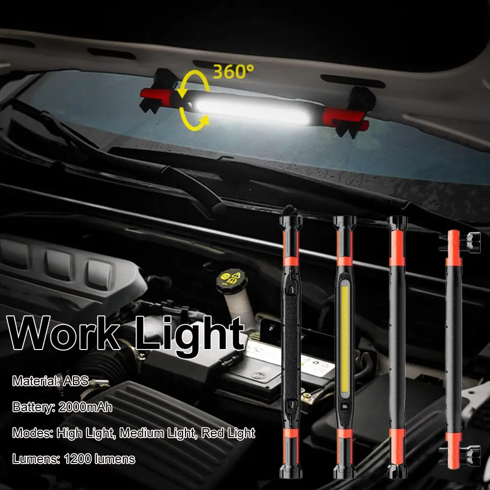 Rechargeable COB LED Work Light 360° Rotation Magnetic Hook Clip Inspection Lamp Car Repair Workshop Emergency Lighting Accessor