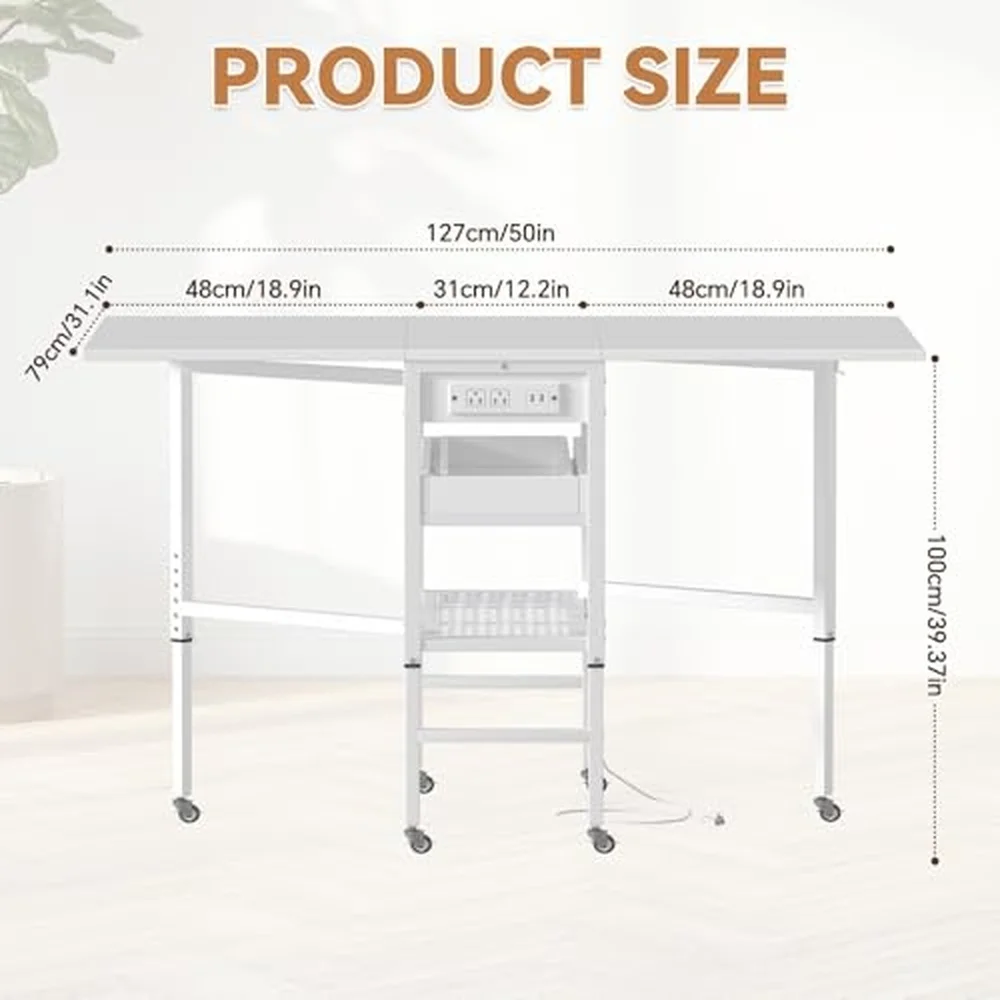 Height Adjustable Sewing Cutting Table with Charging Station Folding Craft Table with Storage Movable Shelves for Large