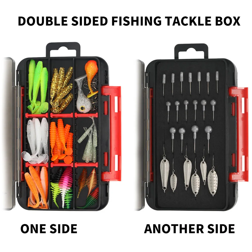 74pcs Fishing Lures Kit Soft Plastic Lure Grubs Swimbait Jig Heads Metal Spoons Trout Lure Tackle Box Set for Bass Pike