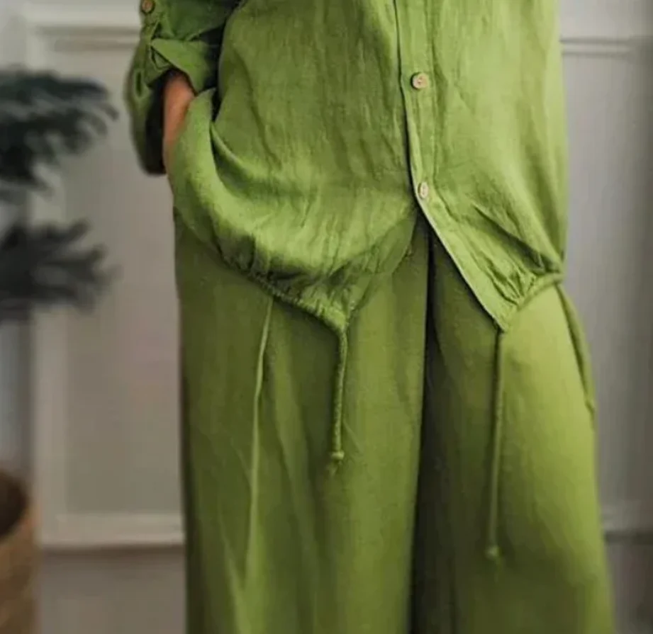 Women Autumn Casual Loose Cotton Linen Solid Shirt Wide Leg Pants 2-piece Set Candy Color Button Top Trousers Two Pieces Suits