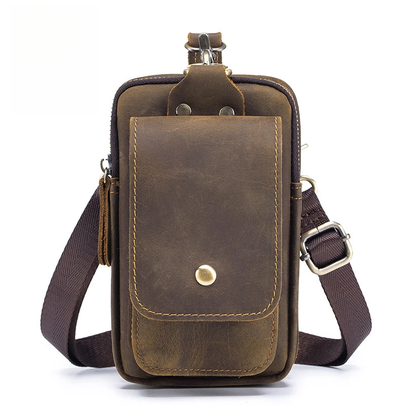 Wild Horse Leather Men's Waist Bag Genuine Leather Retro Casual Phone Case Outer Layer of Cowhide with Leather Belt for Hanging
