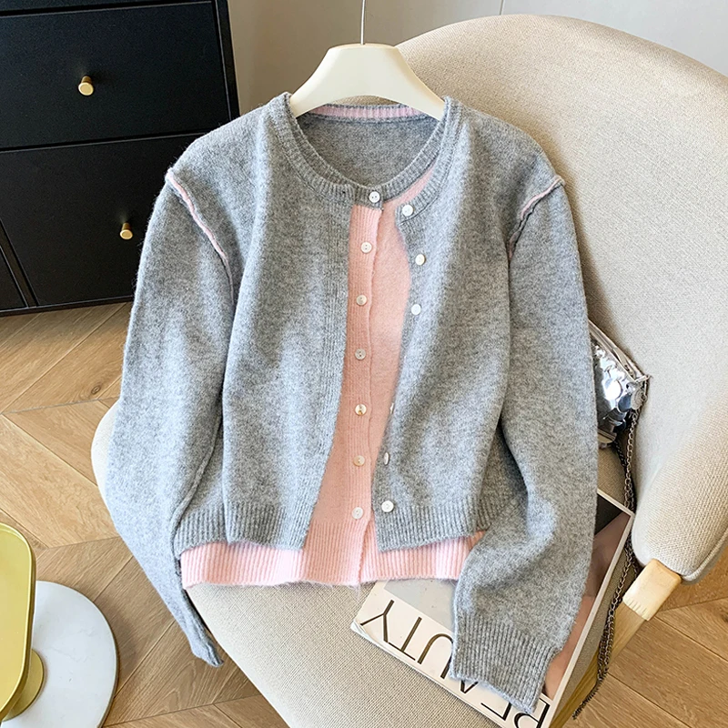 

Korean Splicing Fake Two Pieces Knit Cardigan Women Autumn Winter Gentle Soft Long Sleeve Sweater Coat Versatile Loose Lady Top
