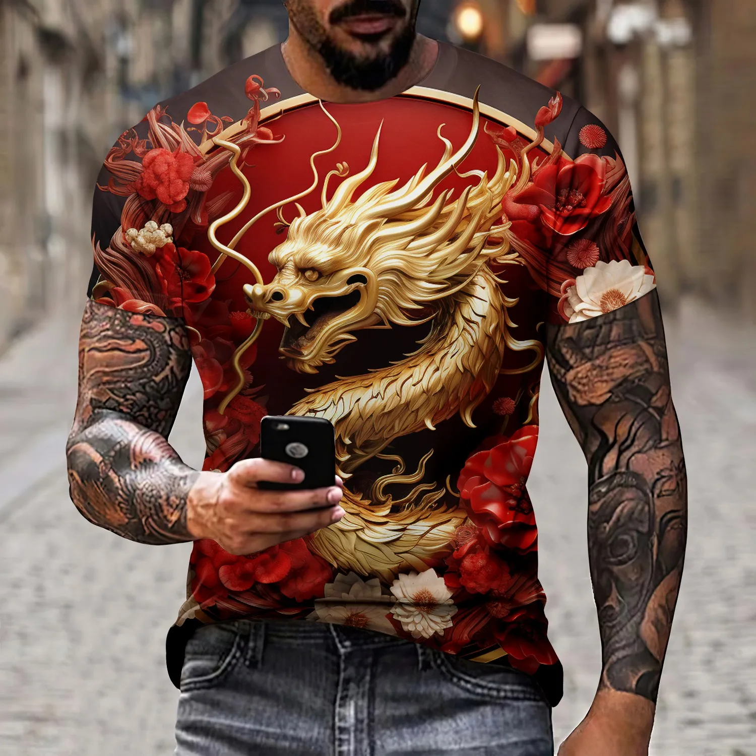 Men\'s T-shirt with 3D dragon and lion print novel Chinese style short sleeved couple fashion top street clothing birthday gift