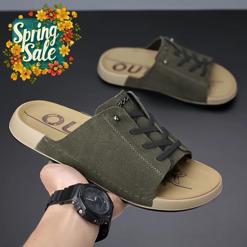 

Роскошные кожаные тапочки ручной работы, мужские сандалии, подарки на праздник, замшевые пляжные и садовые повседневные туфли, модные домашние тапочки