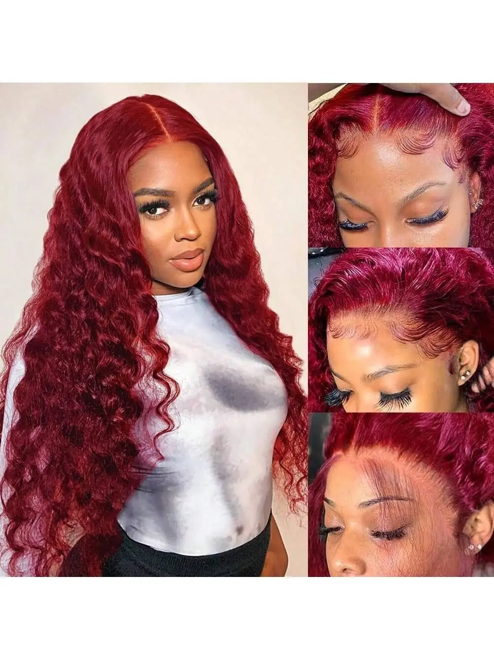 34 Inch 200% Density 99J Burgundy Wine Red 13x4 Lace Front Wigs With Natural Deep Wave, Transparent Lace And Baby Hair, Pre-Pluc image 3