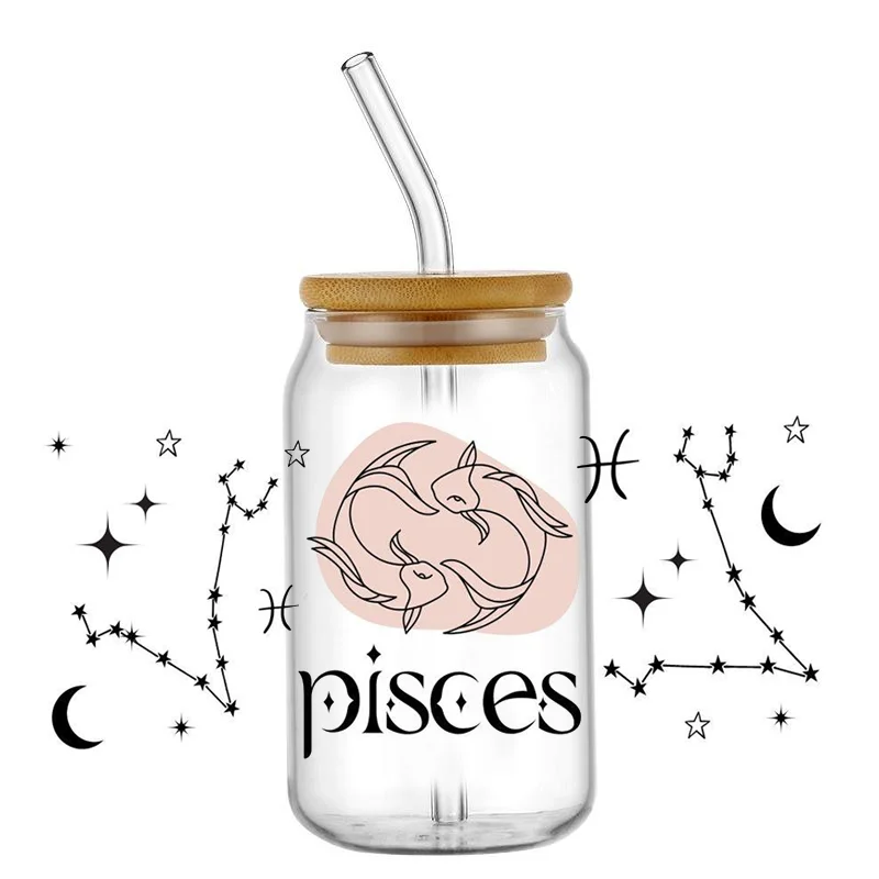 Minimalist Zodiac Sign UV DTF Wraps, Constellation Line Art Stickers for 16oz Glass Cans, Waterproof DIY Transfer Decals