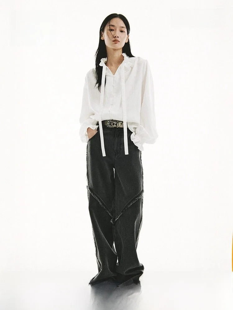 

H&M Women's Ruffle Hem Denim Jeans Elegant Style Natural Waist Cotton Material Ladies' Jeans Summer Collection 2025