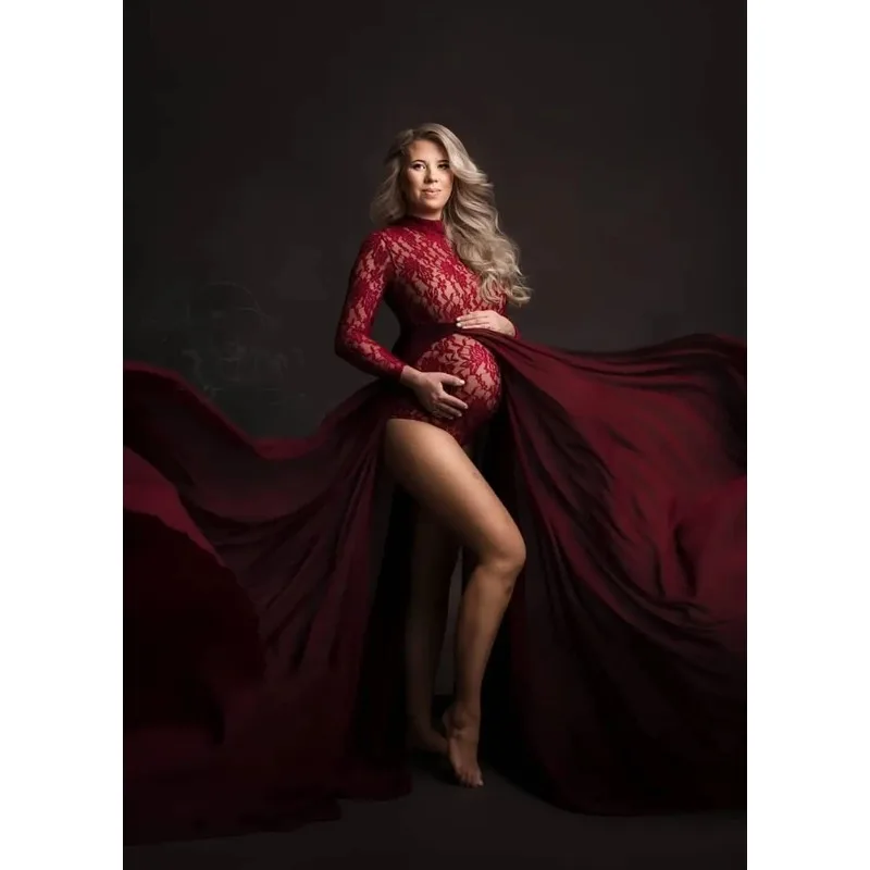 

Boutique Maternity Lace Bodysuit with Removable Chiffon Skirt Gender Reveal Party Bump Friendly Maternity Dress for Photoshoot