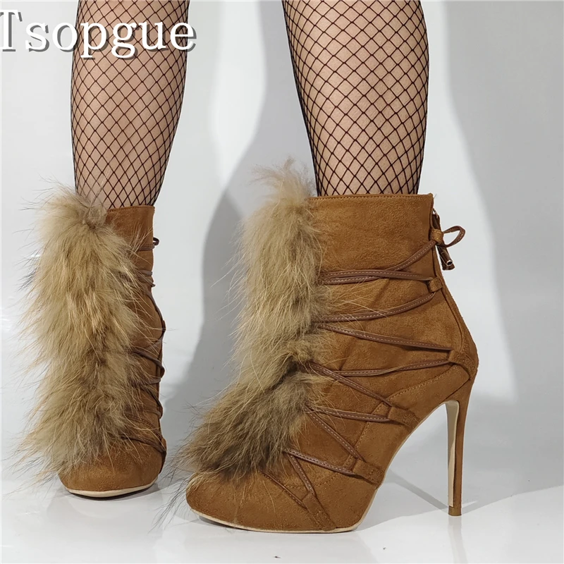 

Brown Suede Fur Decor Women Ankle Boots Brand Design New Round Toe High Heel Short Booties Winter Fashion Party Dress Shoes