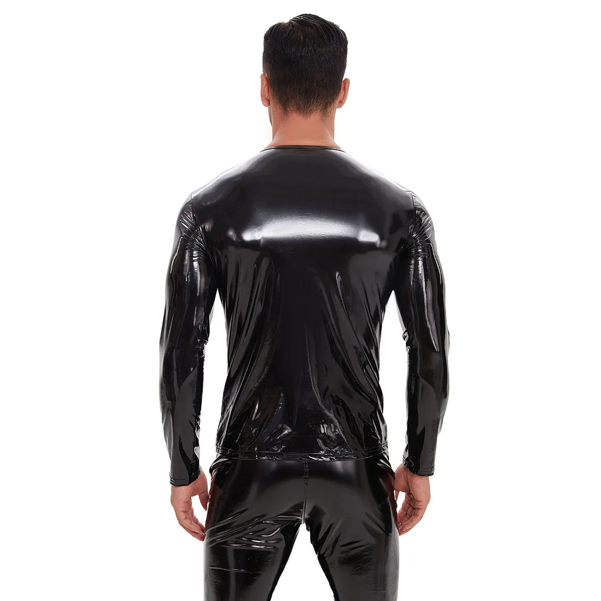 S-7XL Men Tshirt High-Gloss Patent Leather Long Sleeve Tight Coat  Shiny Jacket PU Leather Hip Hop Tee Shirts Muscle Shaper Tops