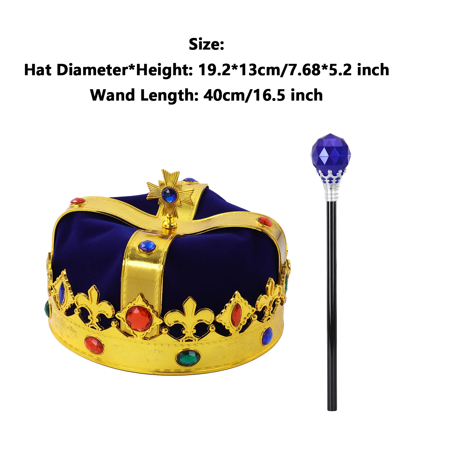 Diamond Plastic Emperor Performance Props King Crown Hat with Wand for Dance Party Halloween Cosplay Funny Dress Up Role Play