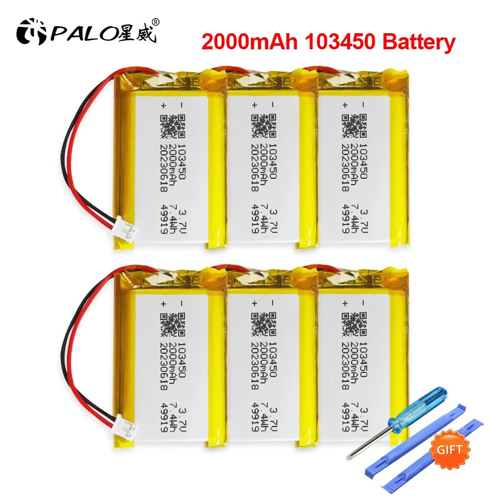 3.7V 2000mAh 103450 Polymer Lithium Rechargeable Battery jst PH 2.0mm 2pin plug for Camera GPS navigator MP5 Bluetooth Headset