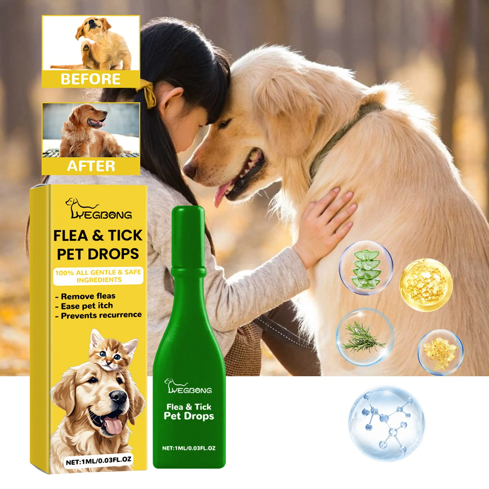 YEGBONG Pet Extracorporeal Insect Repellent Drops, Cat and Dog Cleansing Extracorporeal Flea Lice Tick Skin Anti-Itching Care