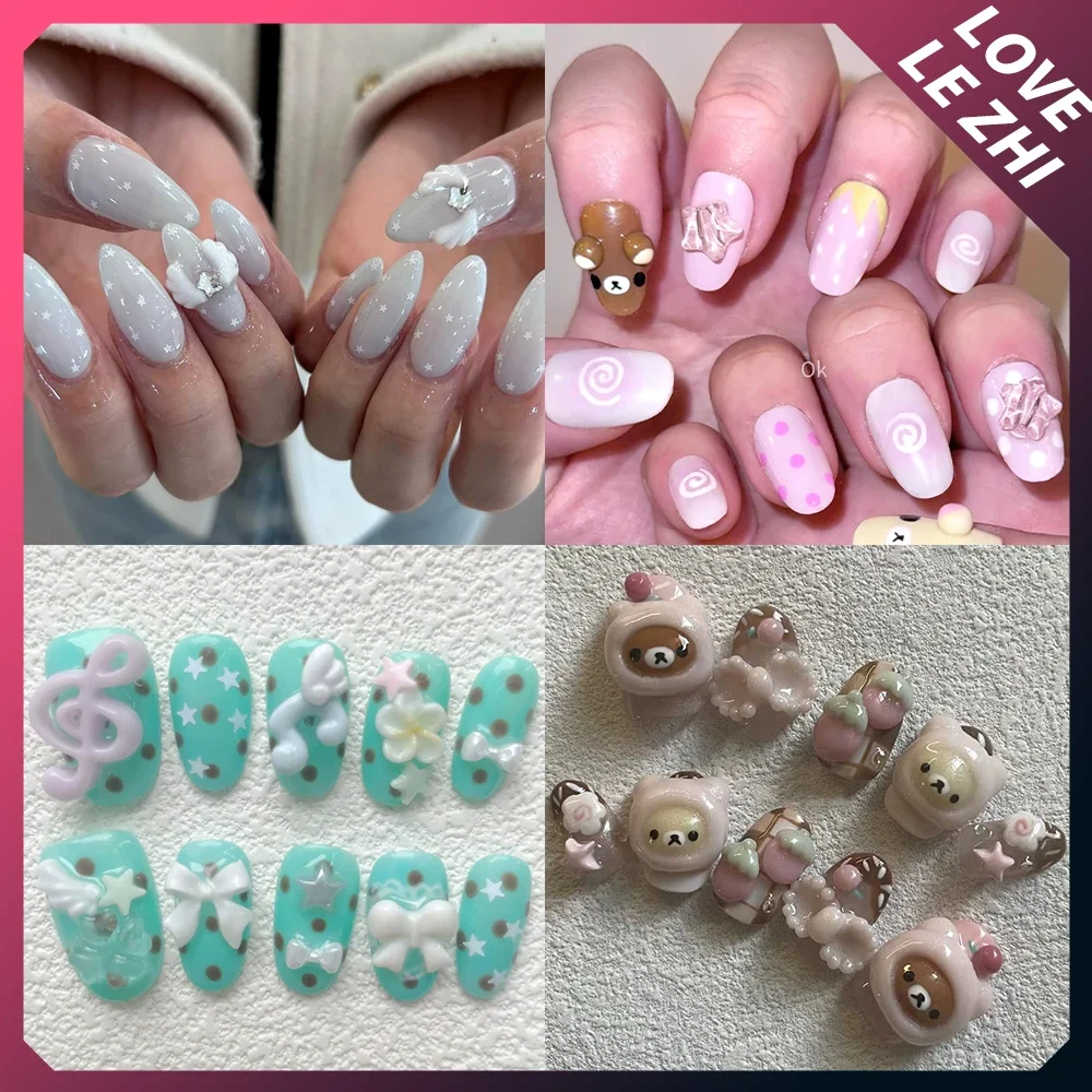 

Kawaii Cartoon Rilakkuma Handmade Press On Nails Shining Stars Bow Pearl Diamond Wings Musical Notes Full Cover Nails Gifts