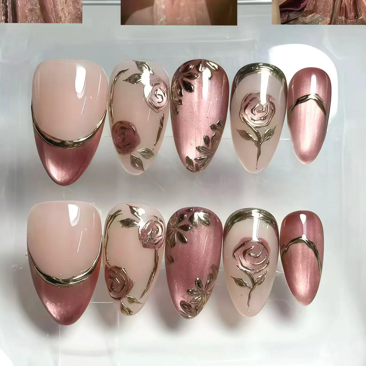 24Pcs Pink Cat's Eye Wearable Press on Nails 3D Gilded Rose with Design Fake Finger Nail Almond Mid-length French Manicure Tips