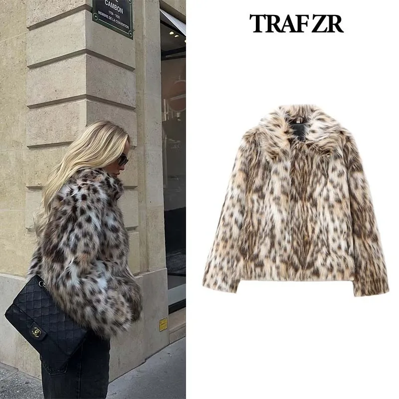 TRAF ZR-Parkas en fausse fourrure à imprimé léopard pour femmes, manteau rembourré, chaud et élégant, vêtements d'extérieur de luxe, hiver, nouveau