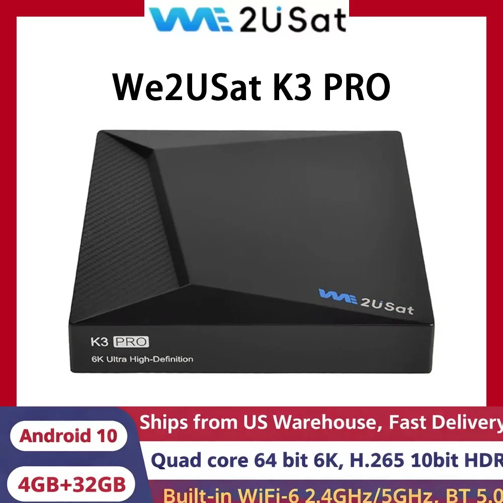

ТВ-приставка We2uSat K3 Pro 6K HDR на Android 10.0, последняя версия 2026 года, с голосовым пультом ДУ, 4 ГБ ОЗУ + 32 ГБ памяти