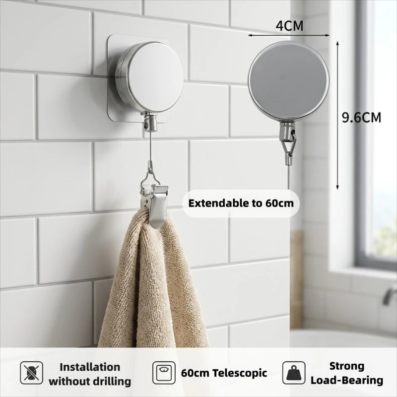 1/2pc No Punch Self Adhesive Retractabl Towel Rack Wall Mount Towel Holder Auto Rebound Design with Strong Clip for Bathroom
