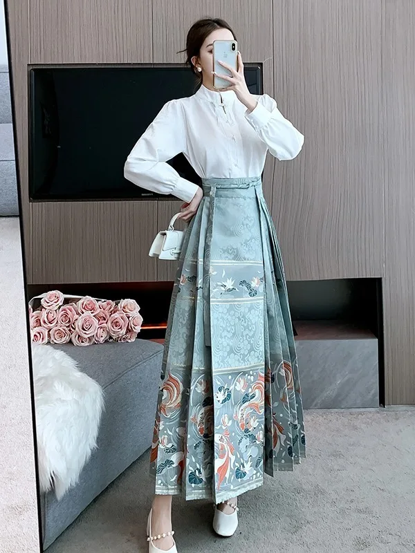 New Chinese Style Horse-Face Skirt Suit Women\'s Spring Clothing 2024 New Daily Improved Hanfu White Blouse Match Long Skirts