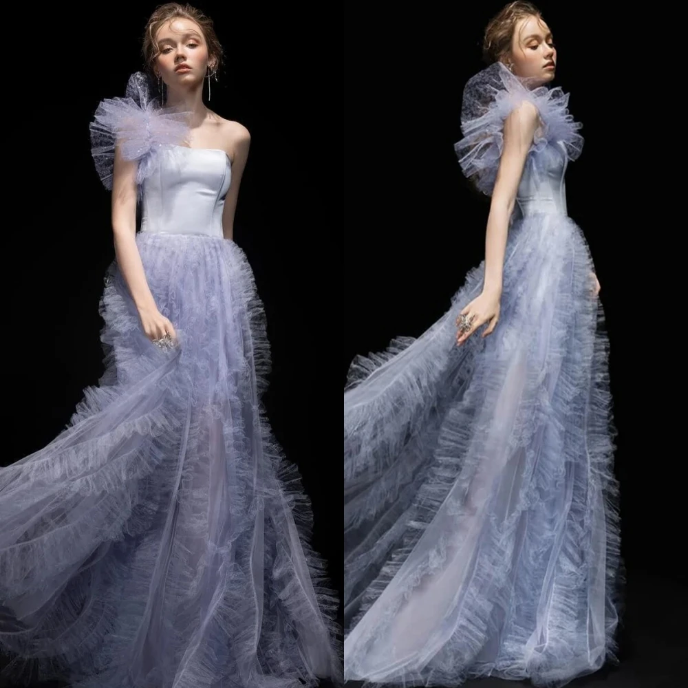 

Customized Luxury Tulle One Shoulder Evening Dress Formal Sleeveless Cocktail Dress Classic Light Purple Special Occasion Gowns