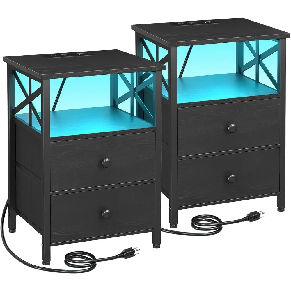 

LED Nightstand Set 2 for Bedroom with Fast Charging Station, End Table with USB Port and Outlet, Side Table with 2 Drawers